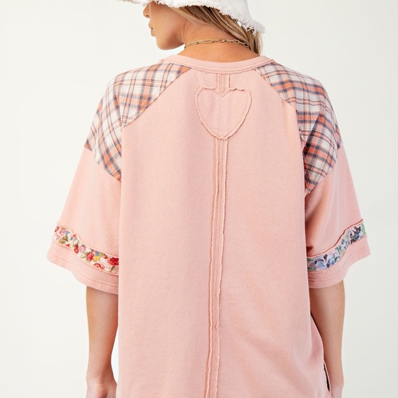 New Easel Floral Heart Short Sleeve Tee Top Shirt Pullover Patchwork Peach Boho - Picture 2 of 9